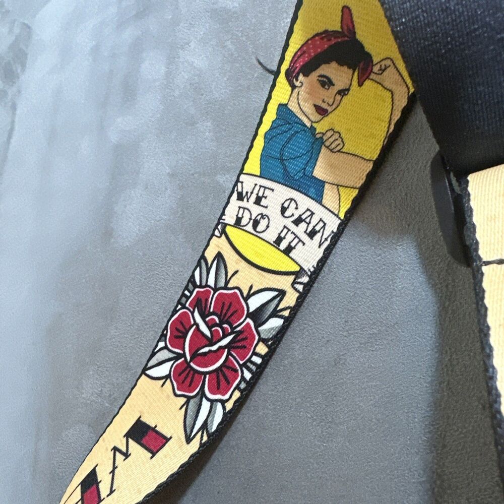 Levy’s We Can Do It Guitar Strap Rosie The Riveter Black Leather Tip Custom Tan